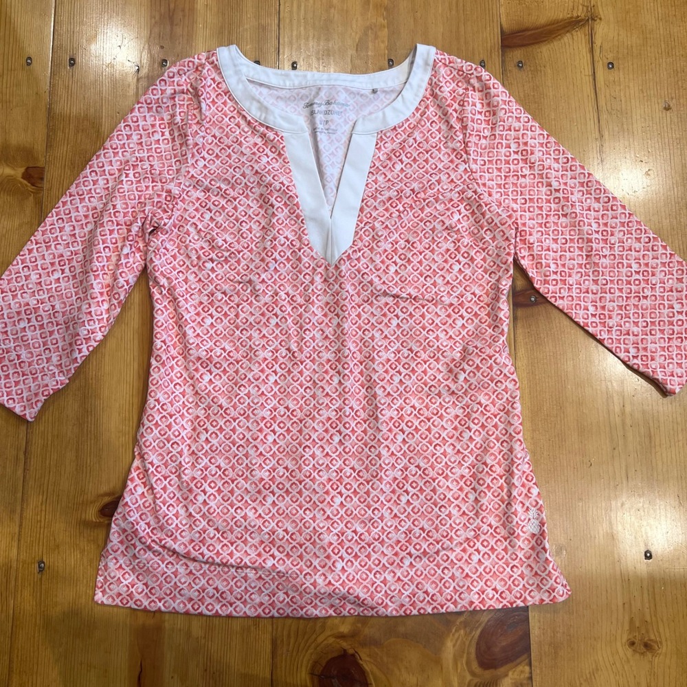 Tommy Bahama IslandZone Womens Small Coral White Geometric‎ 3/4 Sleeve Tunic Top